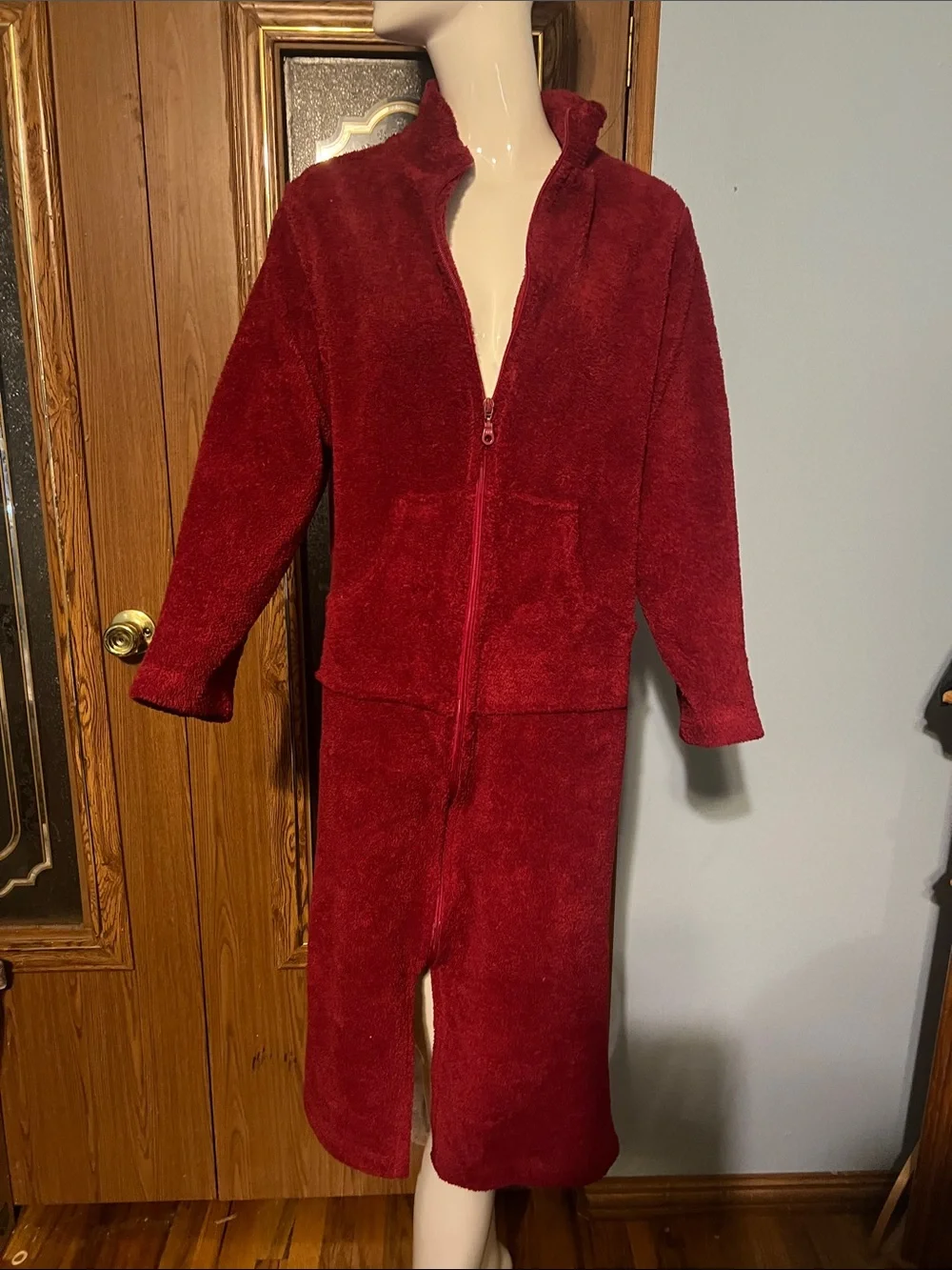 Long Plush Zip-Up Robe in Rich Wine